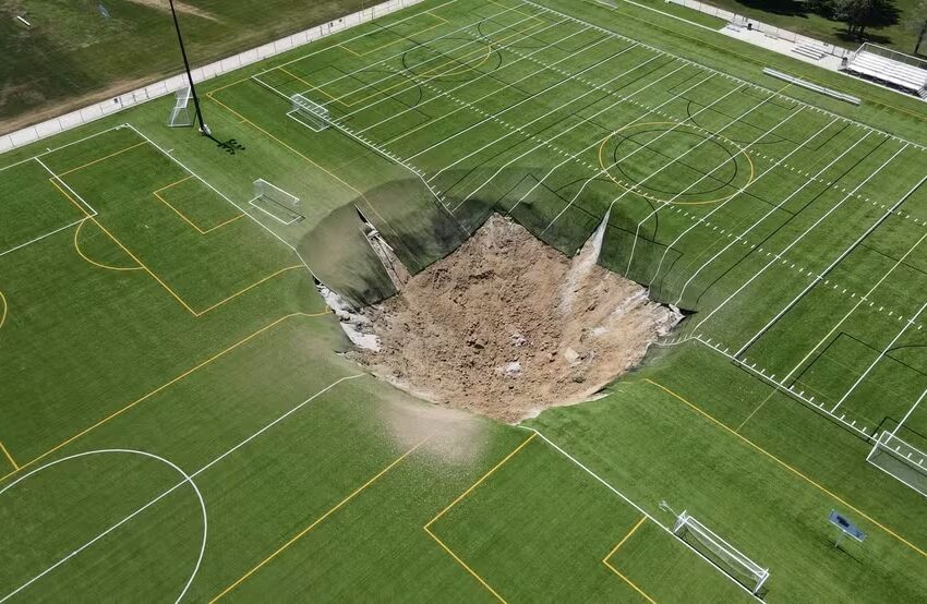  Buraco gigante se abre repentinamente em campo de futebol